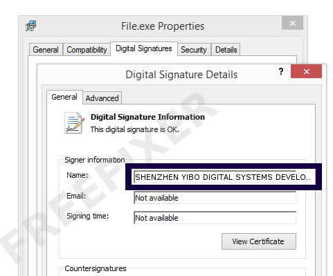 Screenshot of the SHENZHEN YIBO DIGITAL SYSTEMS DEVELOPMENT CO. LTD. certificate